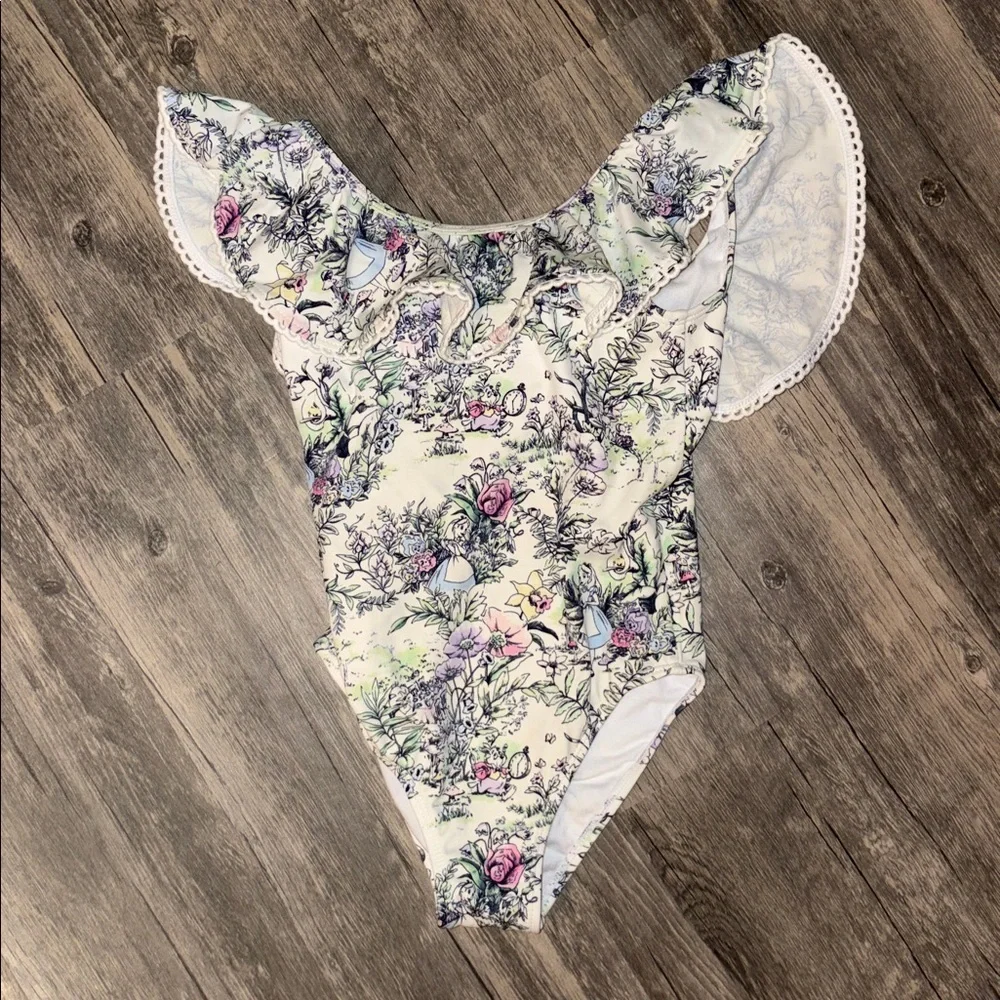 Janie + Jack Disney Alice in Wonderland Floral Ruffle Swimsuit Size 6